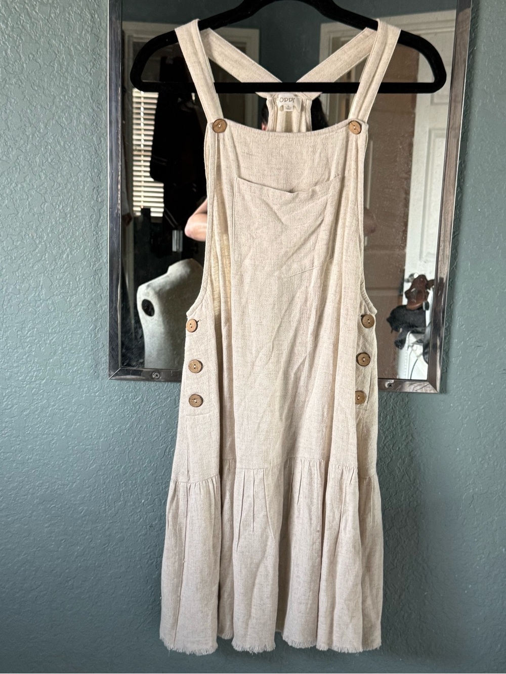 Anthropologie ODDY Linen-Blend Pinafore Dress with Adjustable Strap Wood Buttons